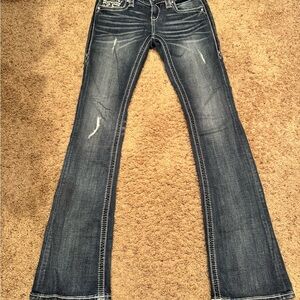 Rock Revival Blue Flare Wide Leg Jeans with Distressed Details